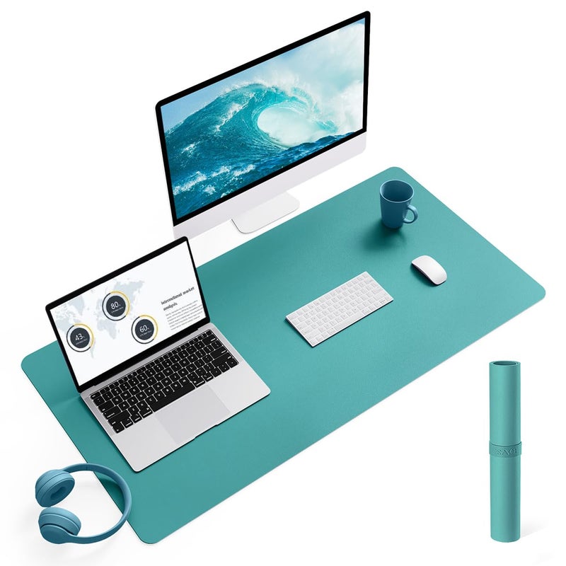 YSAGi Non-Slip Leather Desk Pad L Size, Waterproof Laptop Computer Desk Keyboard Mat, Table Protector Blotter Mat, Large Mouse Pad for Office/Work/Home/Decor(Green Blue, 35.4" x 17") - Image 1